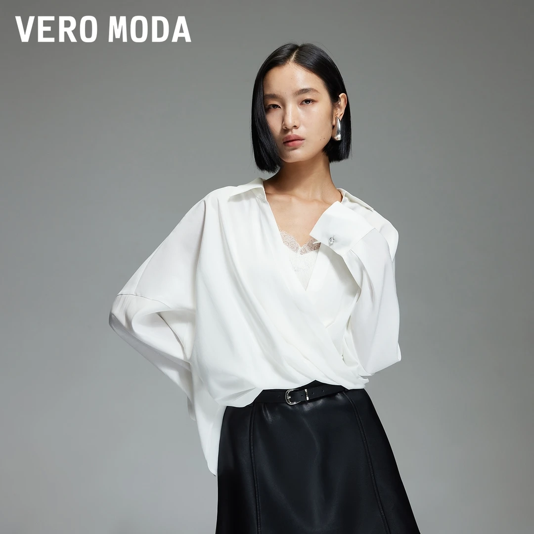 Vero Moda衬衫2025秋纯色V领蕾丝吊带真两件上衣老钱风松弛感女装