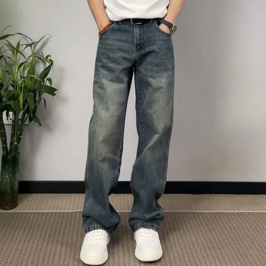 美式复古牛仔裤男2025春秋新款休闲潮牌高端阔腿直筒水洗牛仔裤男