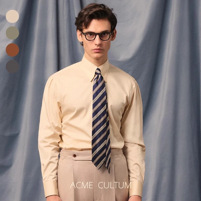 【缎纹丝光处理】AC100长绒棉暗扣尖领长袖显肩宽休闲正装男士衬衫