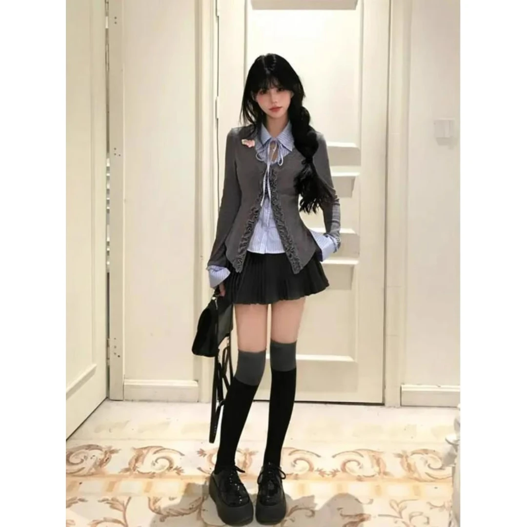 【岛屿暮色】春季新款学院风复古拼接设计感长袖开衫上衣百褶裙套装