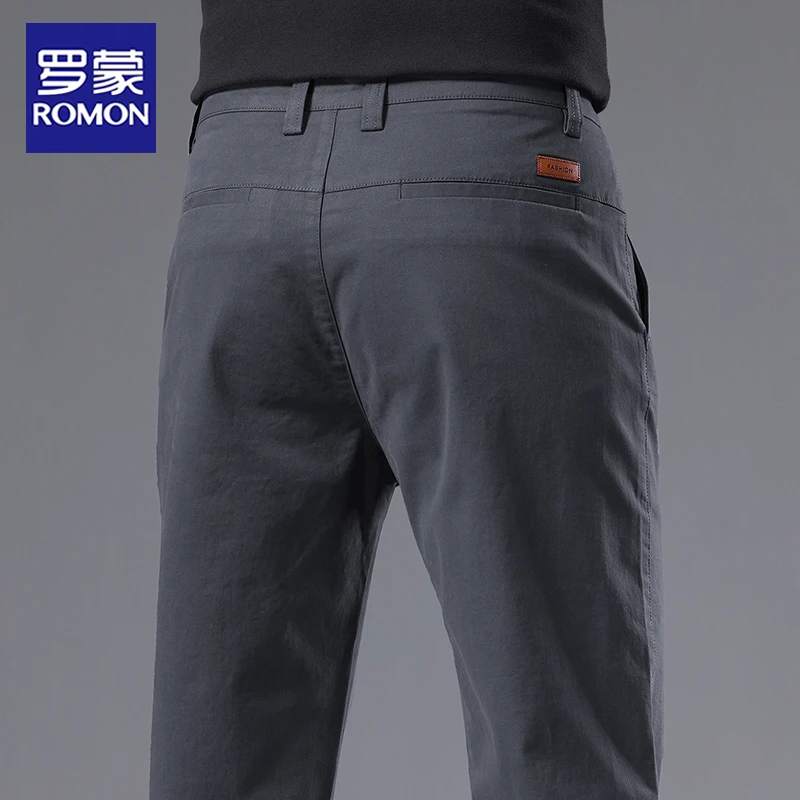 罗蒙春秋季新款灰色休闲裤男士修身直筒弹力中年商务男裤纯棉长裤