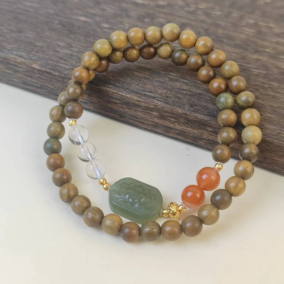 阿根廷绿檀和田玉莲花手牌双圈手串