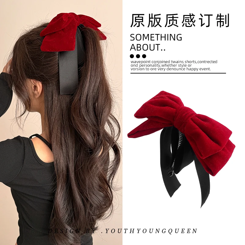 圣诞节红色丝绒细闪蝴蝶结香蕉夹竖夹女2025新款高级感后脑勺发卡