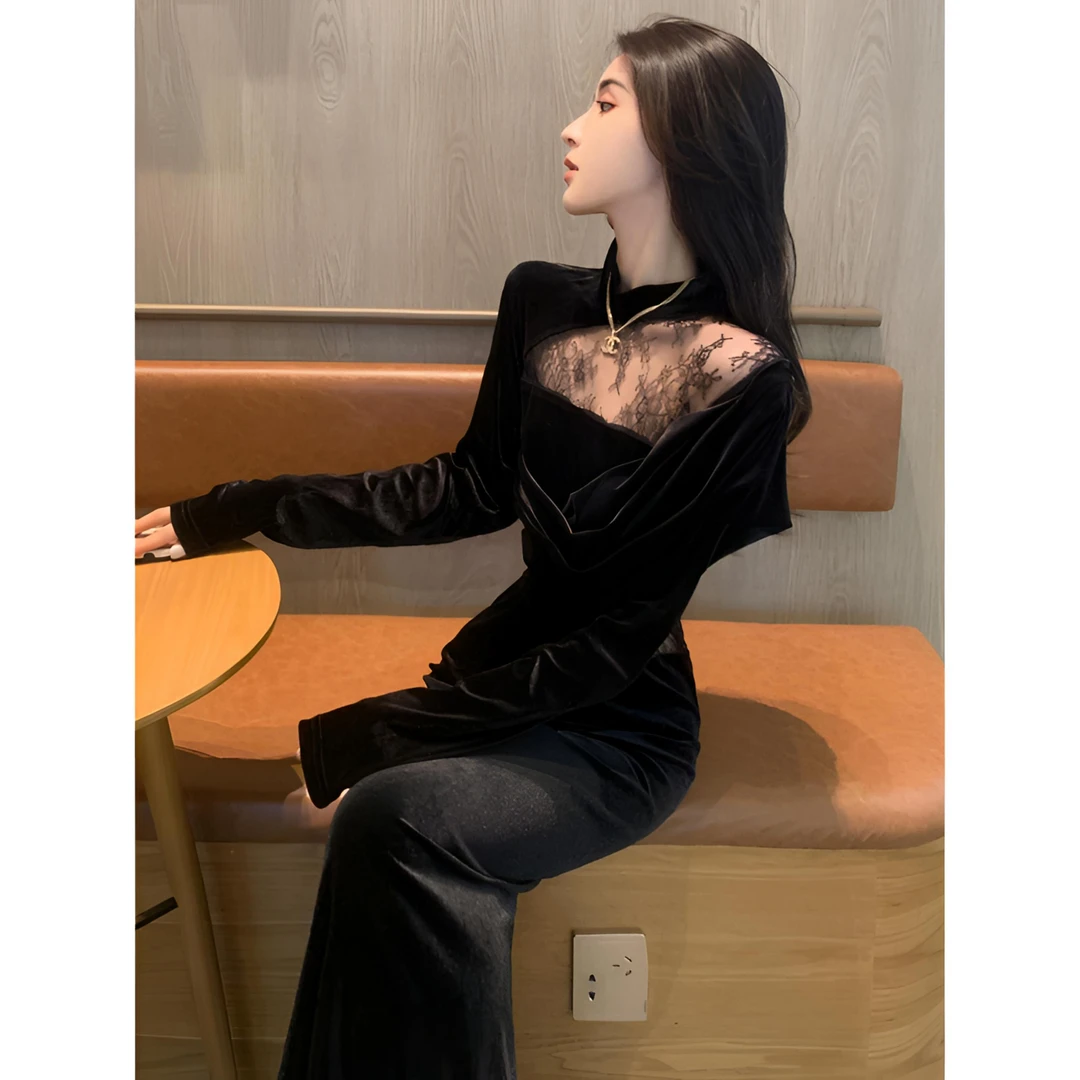 裙子秋冬款穿搭小个子显瘦打底内搭黑色新款潮牌女装丝绒连衣裙