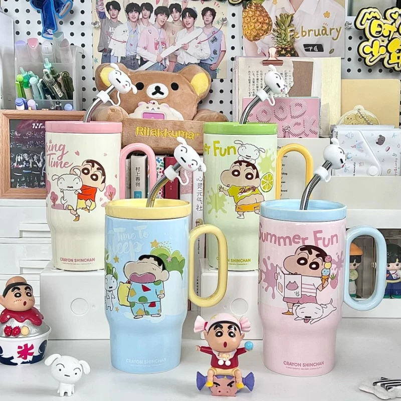 蜡笔小新冰霸杯女生可爱大容量陶瓷马克杯带盖情侣吸管杯生日礼物
