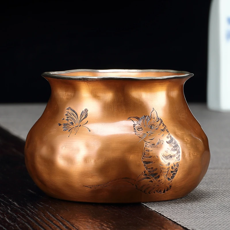 紫铜包银建水小茶洗茶渣缸禅意高档茶具配件茶室复古干泡水盂笔洗