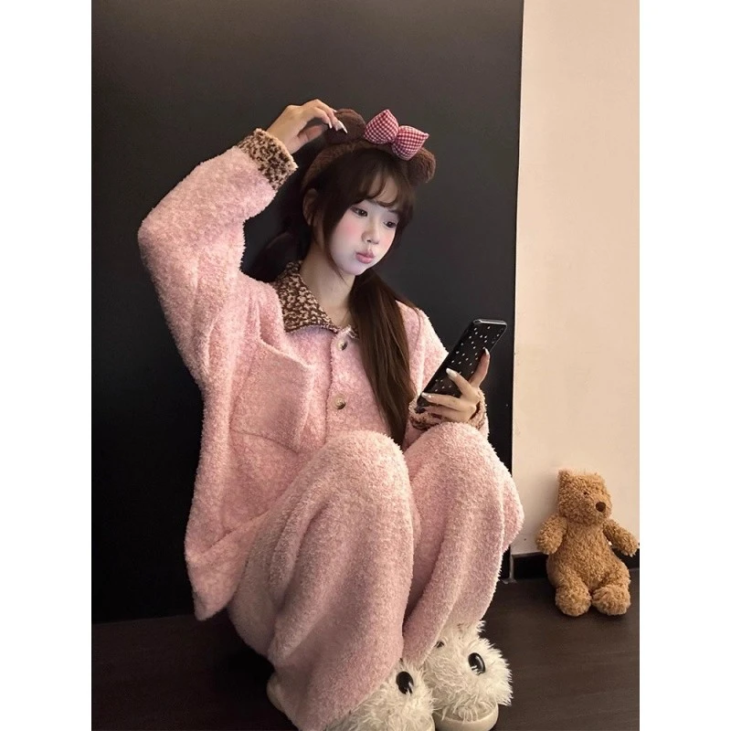 粉色豹纹针织半边绒睡衣女2025冬季新款大码家居服套装可出门冬天
