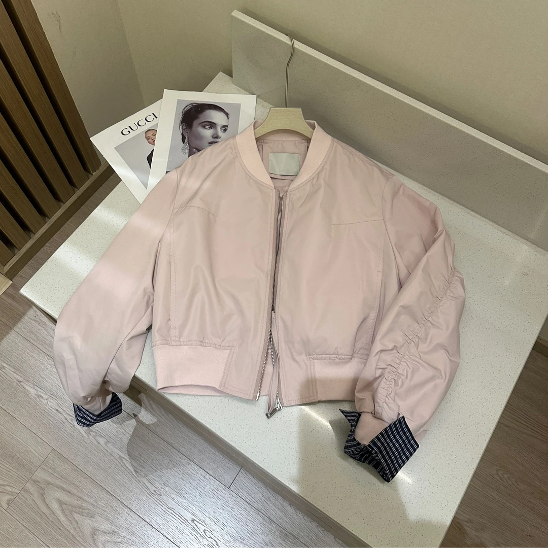 Barbie Siyu【格调】春季新款时尚纯色格子拼接翻袖夹克外套7937