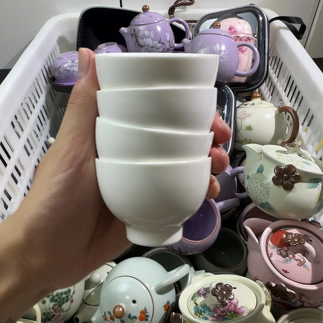 瓷片羊脂玉纯色纳福杯四只装