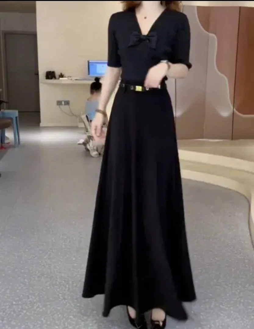 夏季显瘦高腰收腰松紧弹纯色大A上衣短袖半身裙