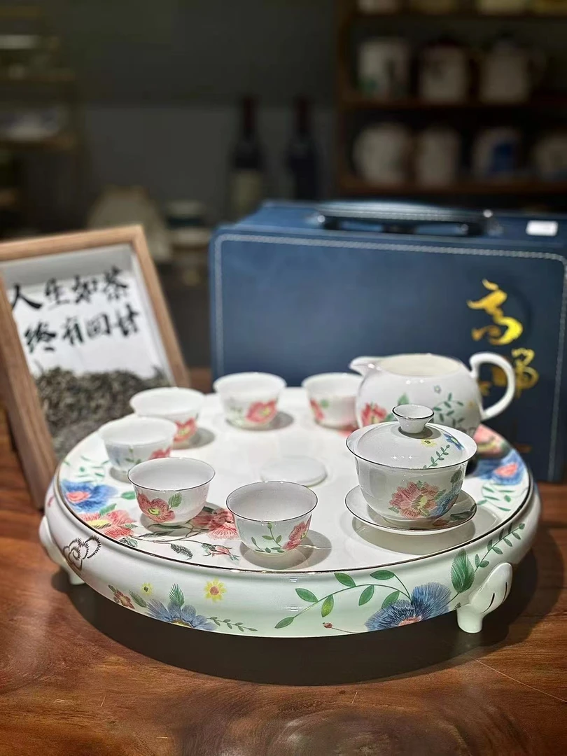 潮州薄胎骨瓷茶具大茶盘套装整套新款文创潮绣刺绣工艺乔迁送礼