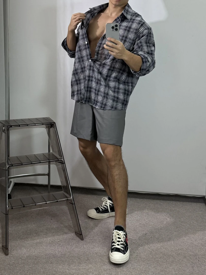 长袖大格纹防晒衬衫衬衣细沙线灰色卫衣外套9151