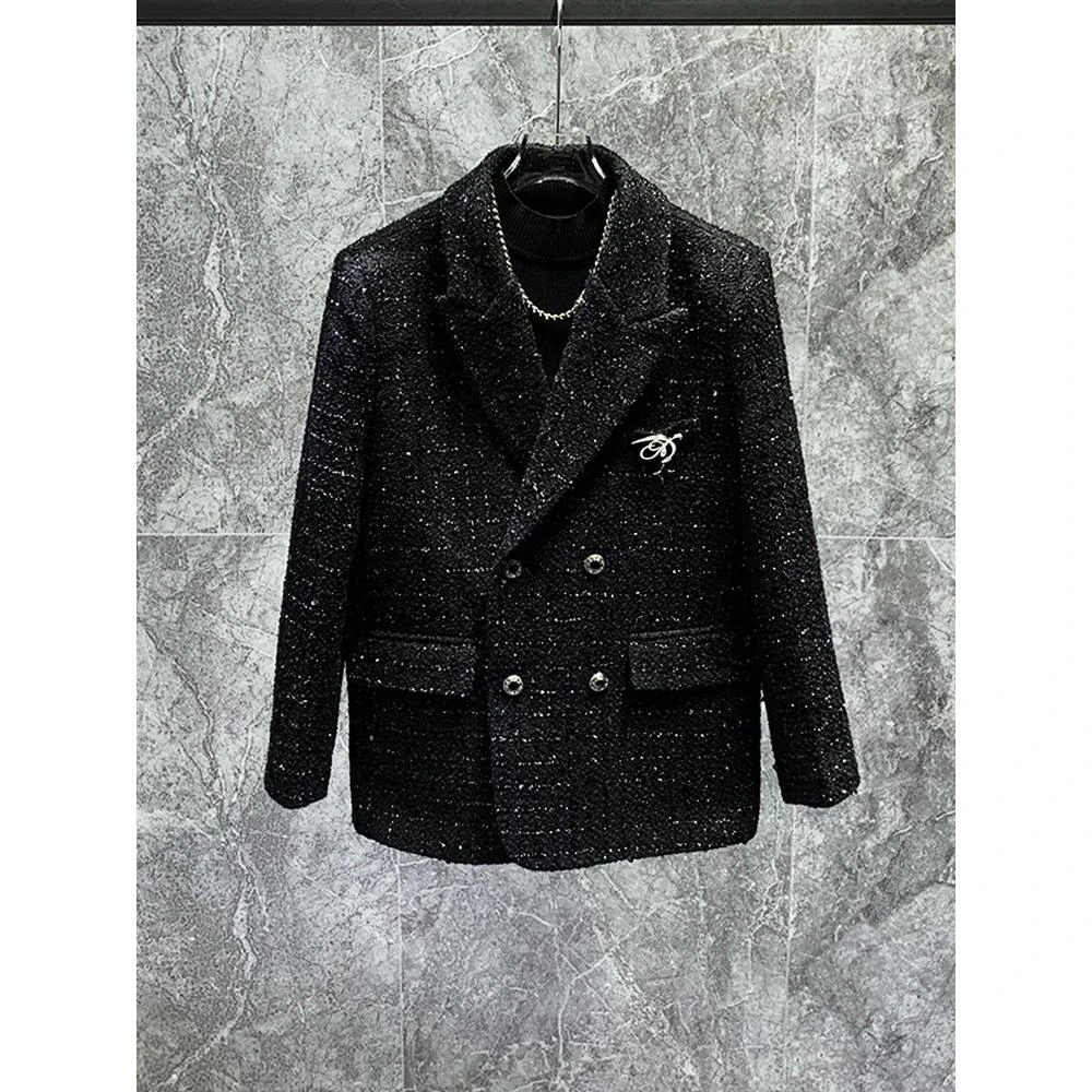 HKYC秋冬设计新感花呢设计亮片小香运动上衣双排扣男士上衣新潮