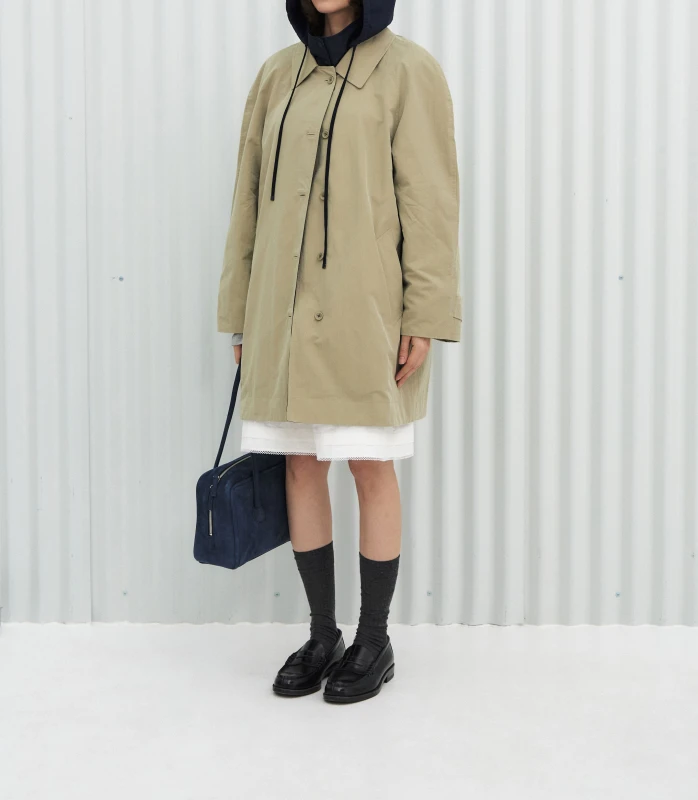 【泡菜】-装女中长款翻领风衣落肩袖女士纯色厚款宽松型两件穿风衣