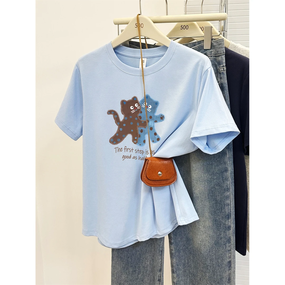 正肩胖mm大码短袖T恤女夏季韩版设计感洋气小猫印花圆领显瘦上衣