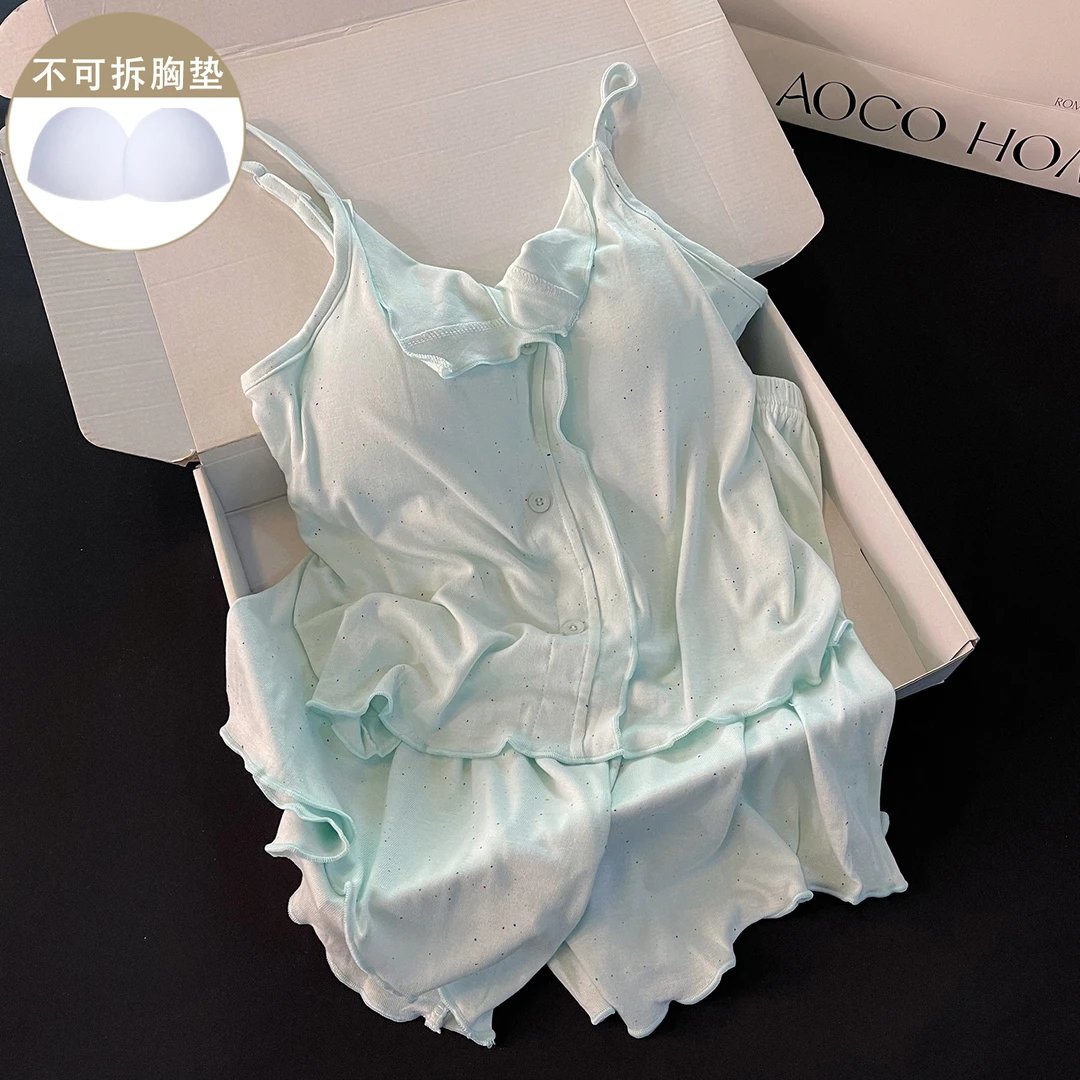 带胸垫睡衣女新款夏季莫代尔棉吊带短裤清新小个子简约家居服套装