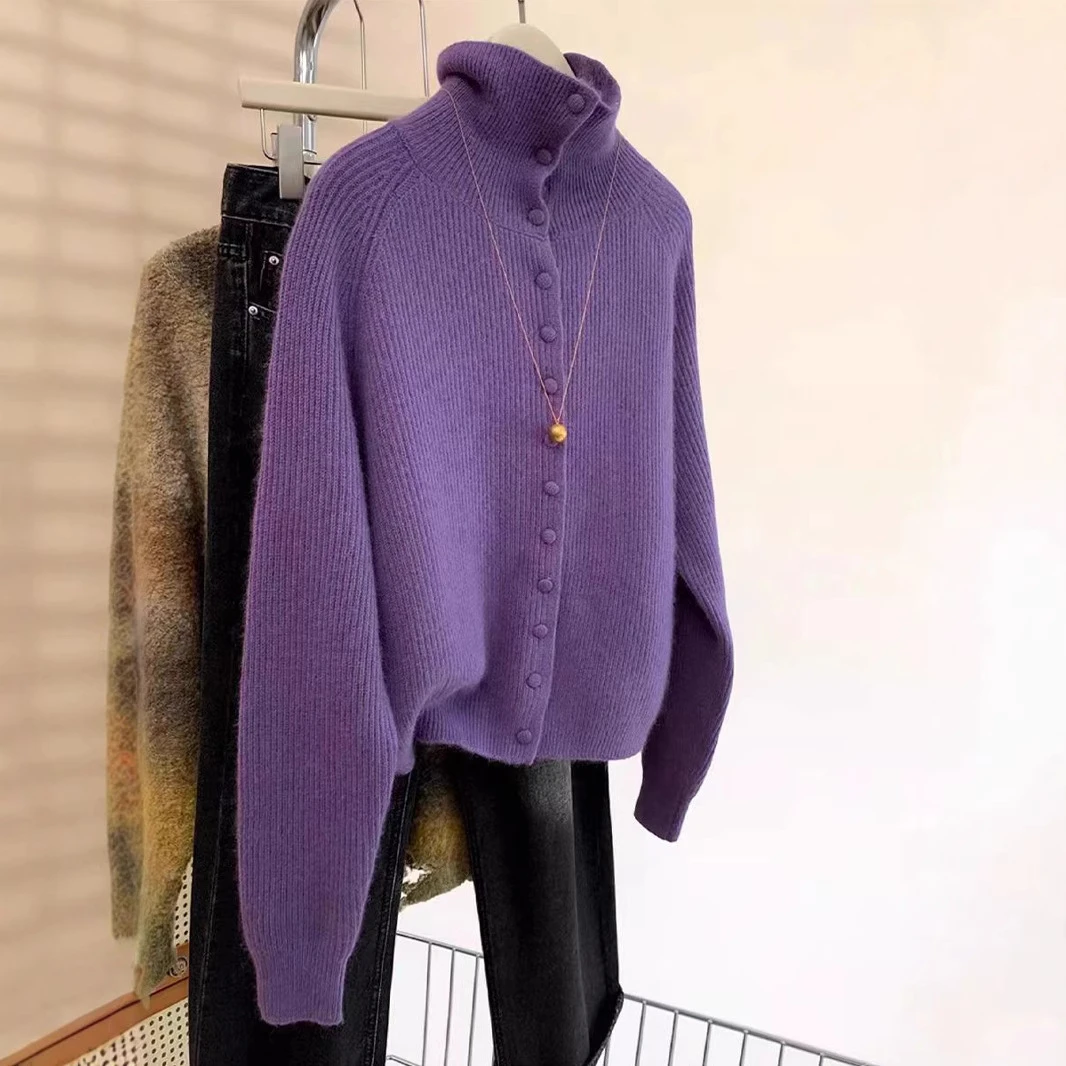 紫色高领针织毛衣外套女秋冬2024新款欧货软糯小个子上衣开衫