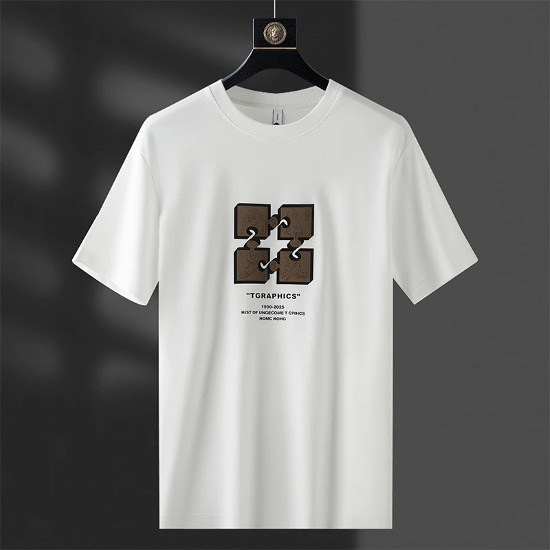 YG轻奢百搭夏季薄款冰丝光棉白色短袖t恤修身休闲印花字母男士