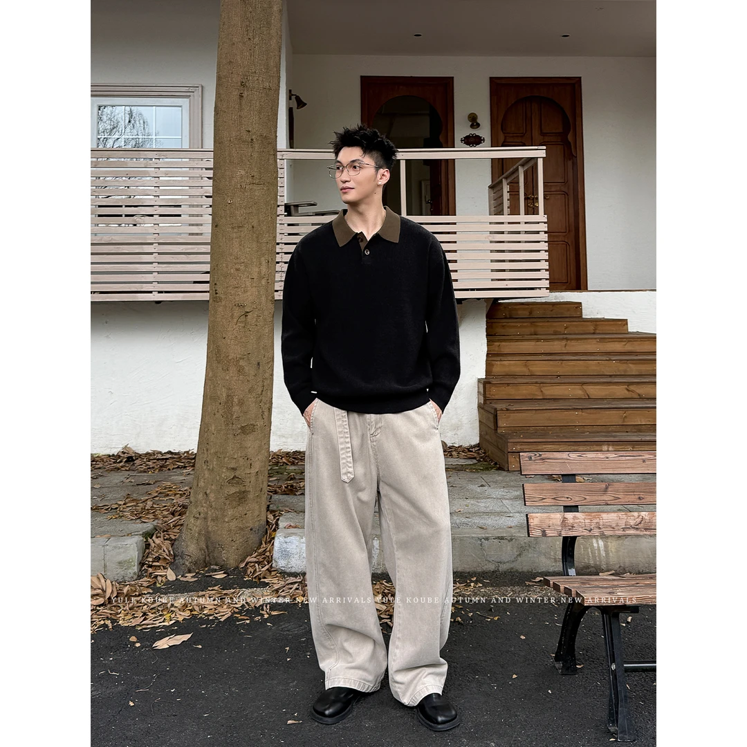 Koube「新贵风 羊毛混纺」秋季复古拼接翻领毛衣男高级感松弛针织衫