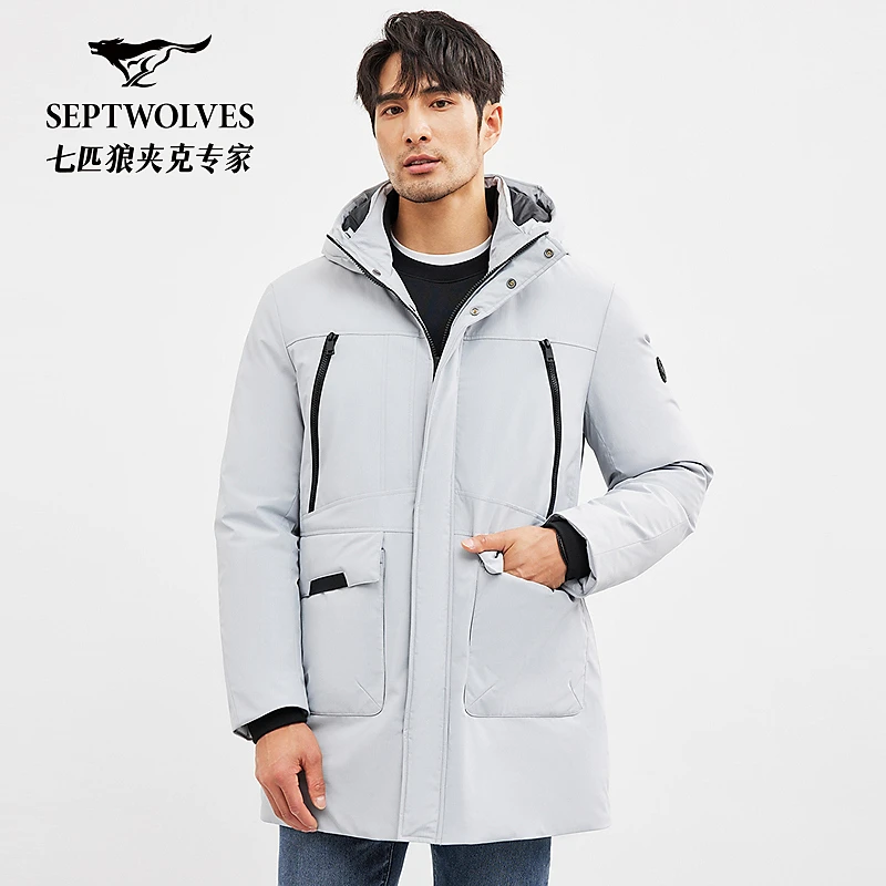 七匹狼男士冬季连帽中长款厚保暖休闲百搭外套防风防寒羽绒服8513