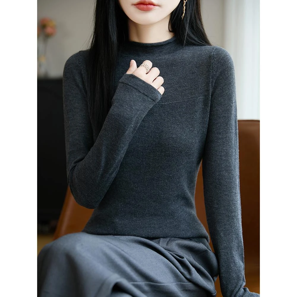 杜拉妮卷边半高领针织打底衫女2025新款秋冬修身显瘦内搭毛衣长袖