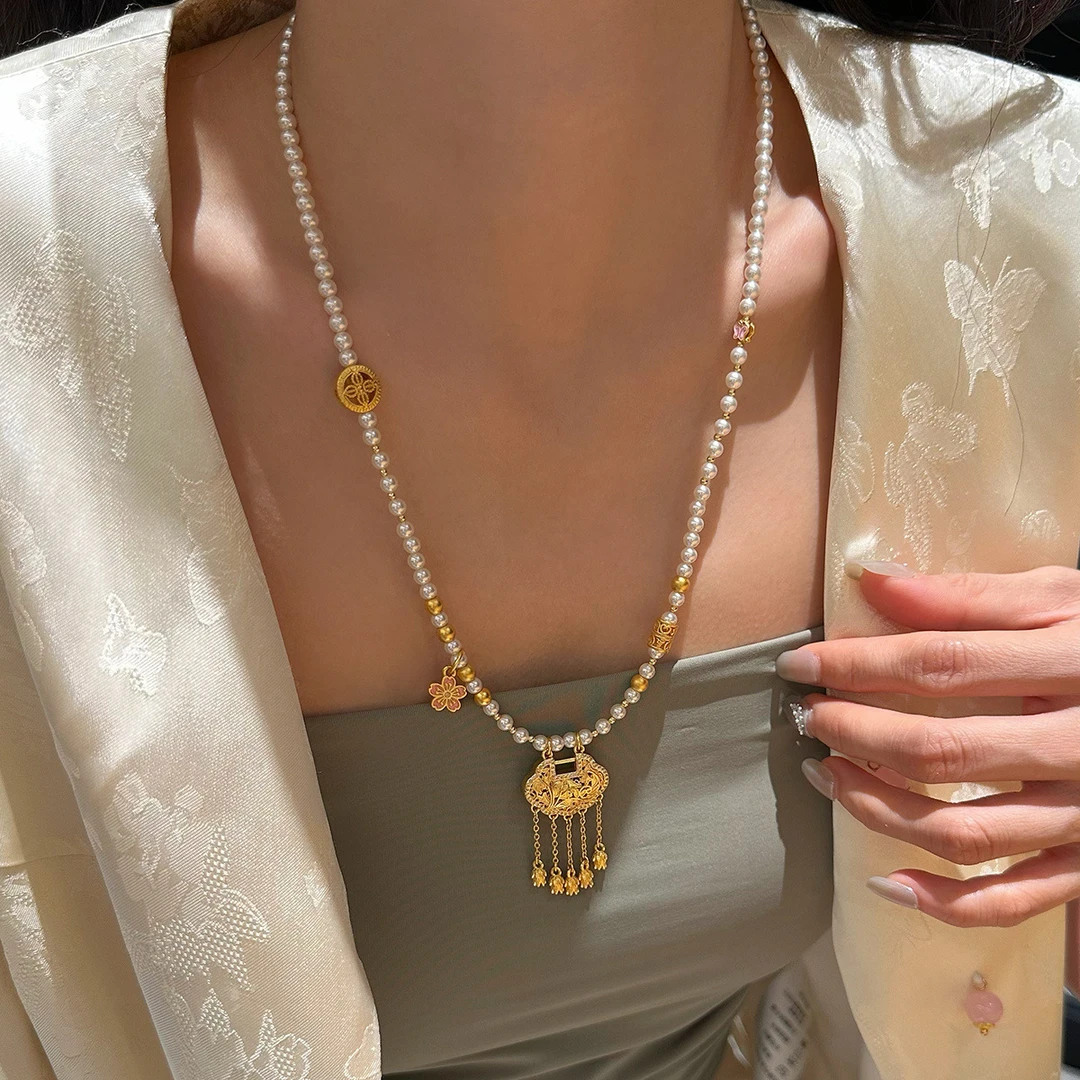 铜合金仿珍珠项链 如意锁新中式项链2025年新款女锁骨链长款吊坠