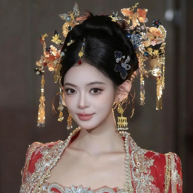 D37喜看新款橘蓝色新中式南洋风秀禾新娘头饰