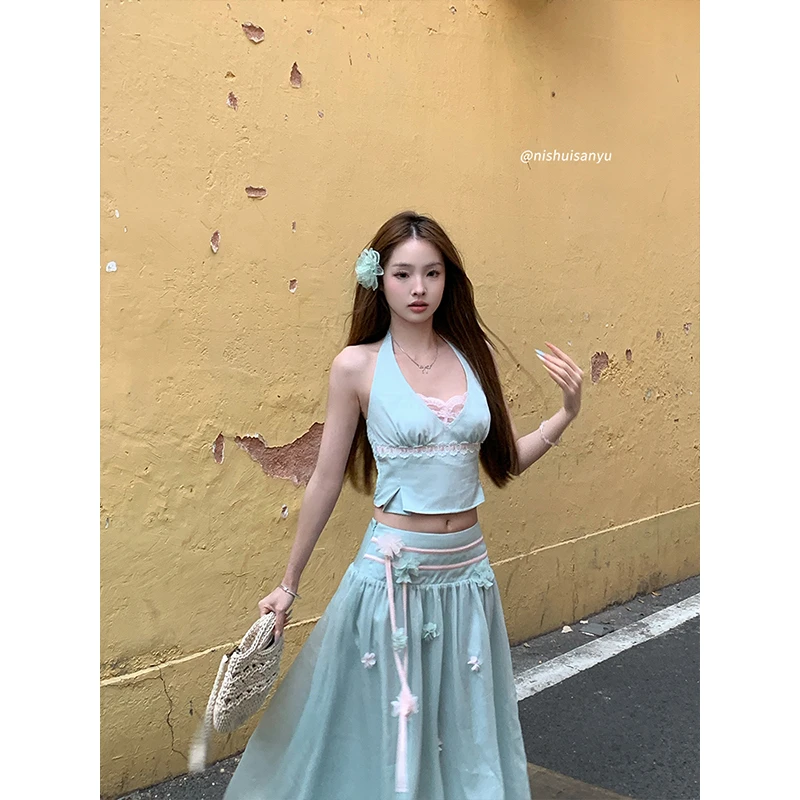 溺水三鱼【浮生芭比】蕾丝拼接绑带挂脖纯欲性感吊带低腰伞裙两件套