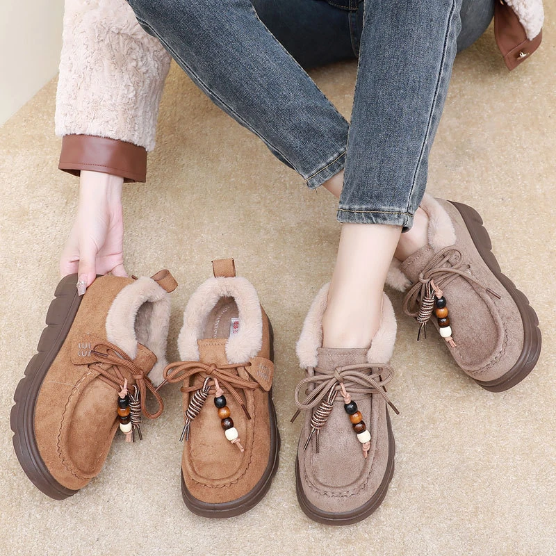 厚底加绒勃肯鞋女2025冬季新款老北京棉鞋复古串珠休闲保暖雪地靴