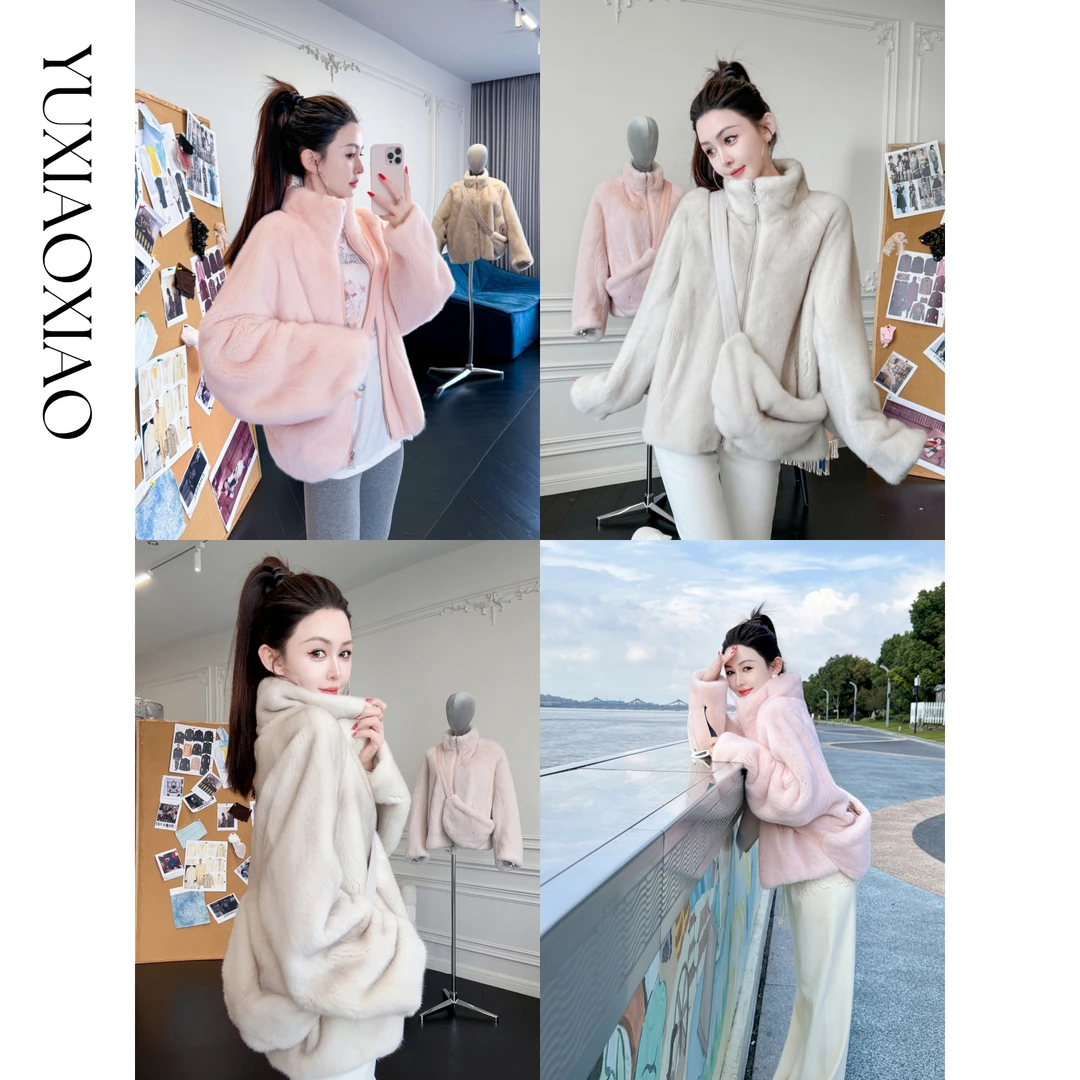 余潇潇【温柔雪堡】轻奢丹麦水貂毛定染半抽刀立领拉链宽松皮草外套