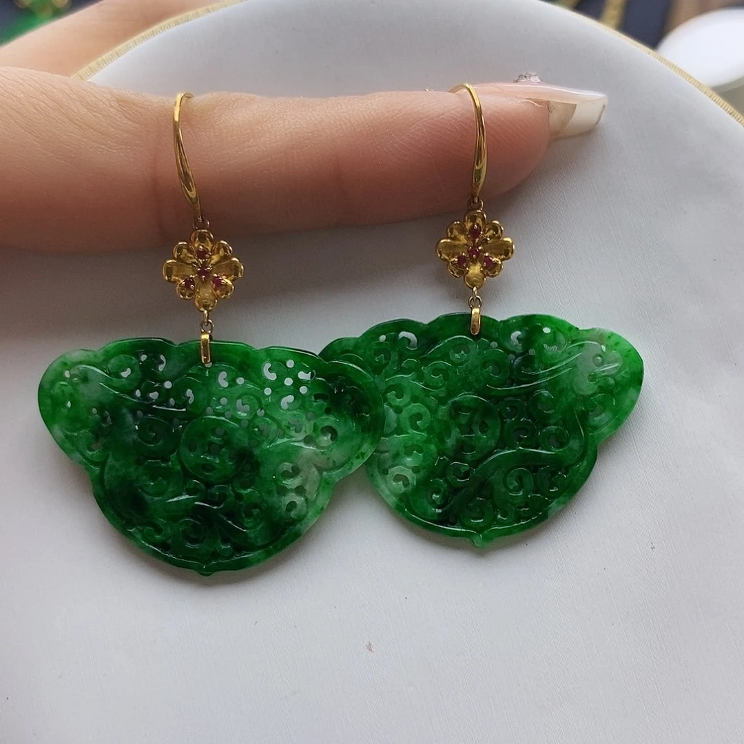 翡翠耳饰18K金镶嵌天然