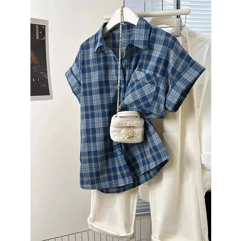 【全额运费补贴】港风复古蓝色格子polo领衬衫女夏季减龄上衣9357