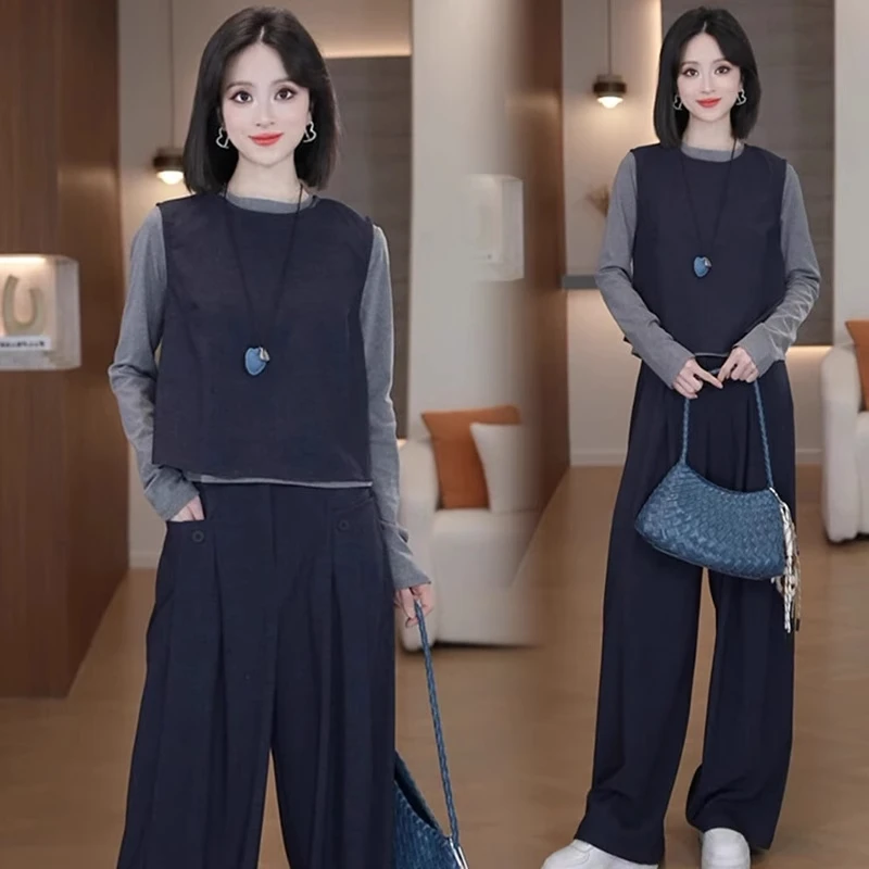 时尚套装女2025秋季新款洋气显瘦设计感马甲长袖上衣阔腿裤三件套
