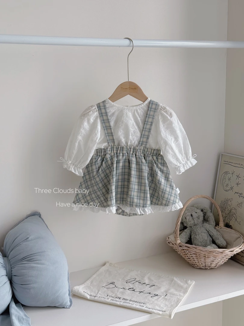 三小朵2650【青提苏打】婴幼儿女童宝宝秋款韩系格子背带包屁套装