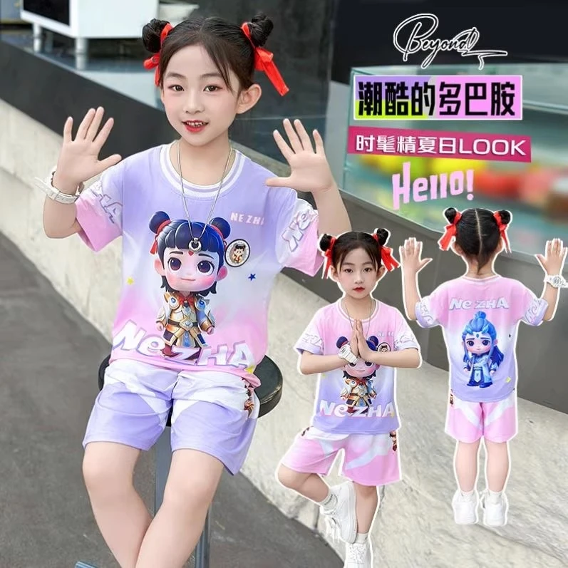 儿童泳衣女童速干短袖套装小女孩度假沙滩游泳服哪吒款可爱潮