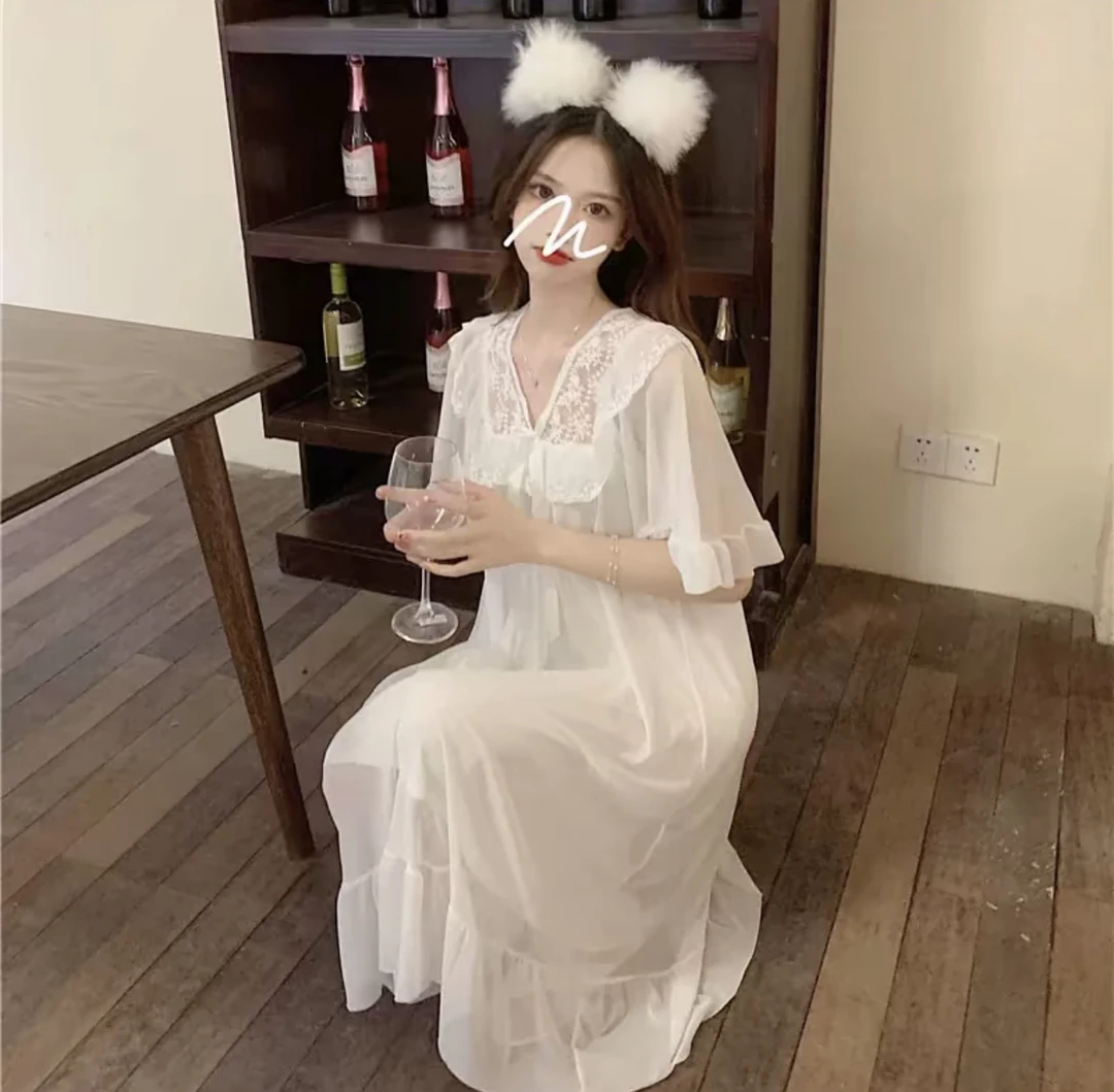 夏季短袖睡裙女公主风家居服网纱纯色蕾丝边仙女风睡衣睡裙6661