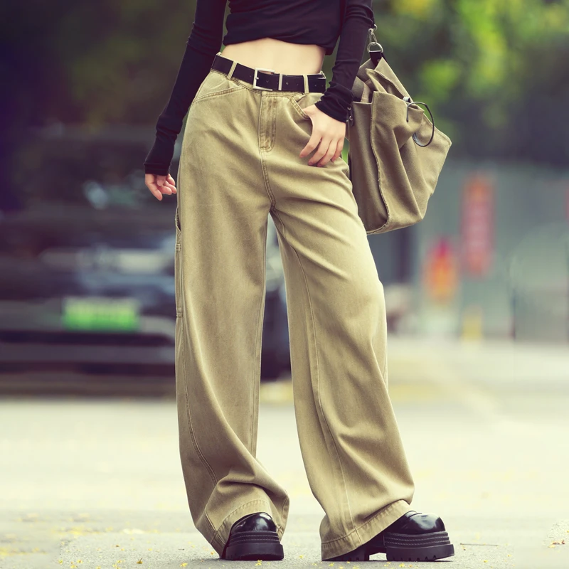 卡其色工装牛仔裤女装爆款2025秋季新款痞帅炸街风高腰直筒阔腿裤