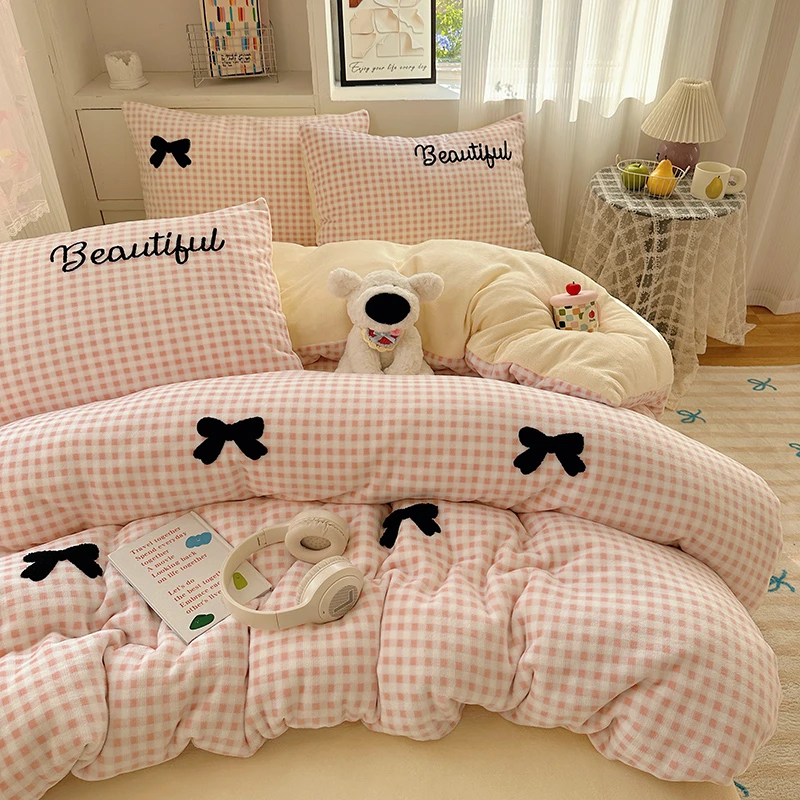 冬季蝴蝶结牛奶绒四件套毛巾绣加厚牛奶绒学生宿舍三件套双面绒