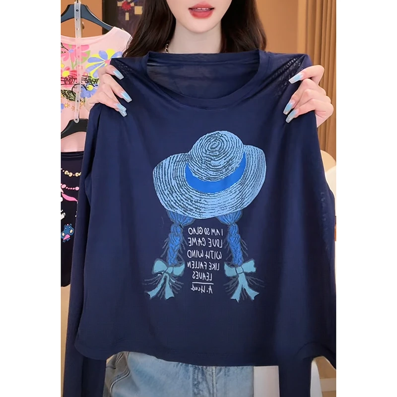 欧货洋气防晒长袖T恤女2025夏季新款休闲风复古草帽印花显瘦上衣