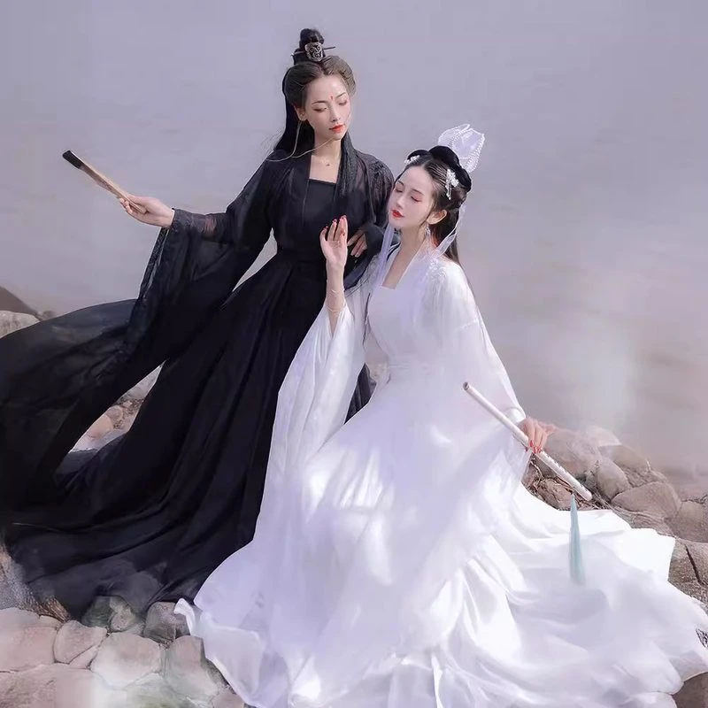 琴瑟和鸣汉服黑色白色交领齐腰大袖衫汉服广袖裙夏季仙气古风国风