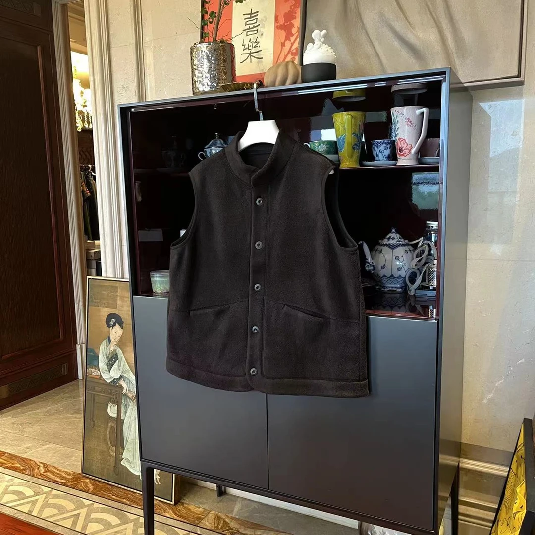 MYL  2025秋季新品锦纶深咖马夹立领无袖单排扣休闲纯色毛呢上衣
