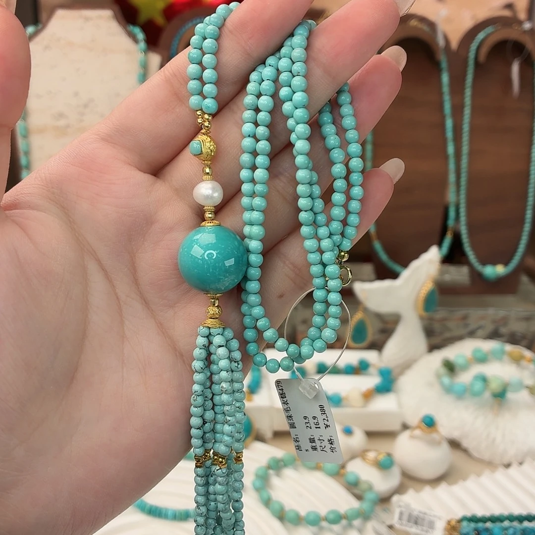 绿松石银S925镀金镶嵌毛衣链