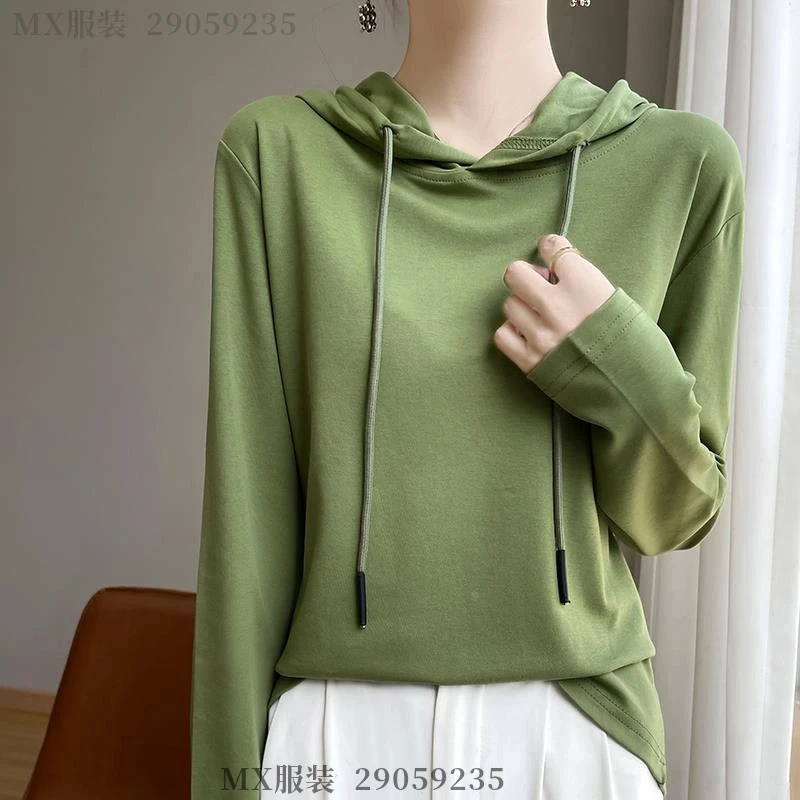 100纯棉连帽卫衣女2025春秋薄款宽松丝光棉长袖t恤打底衫上衣帽衫