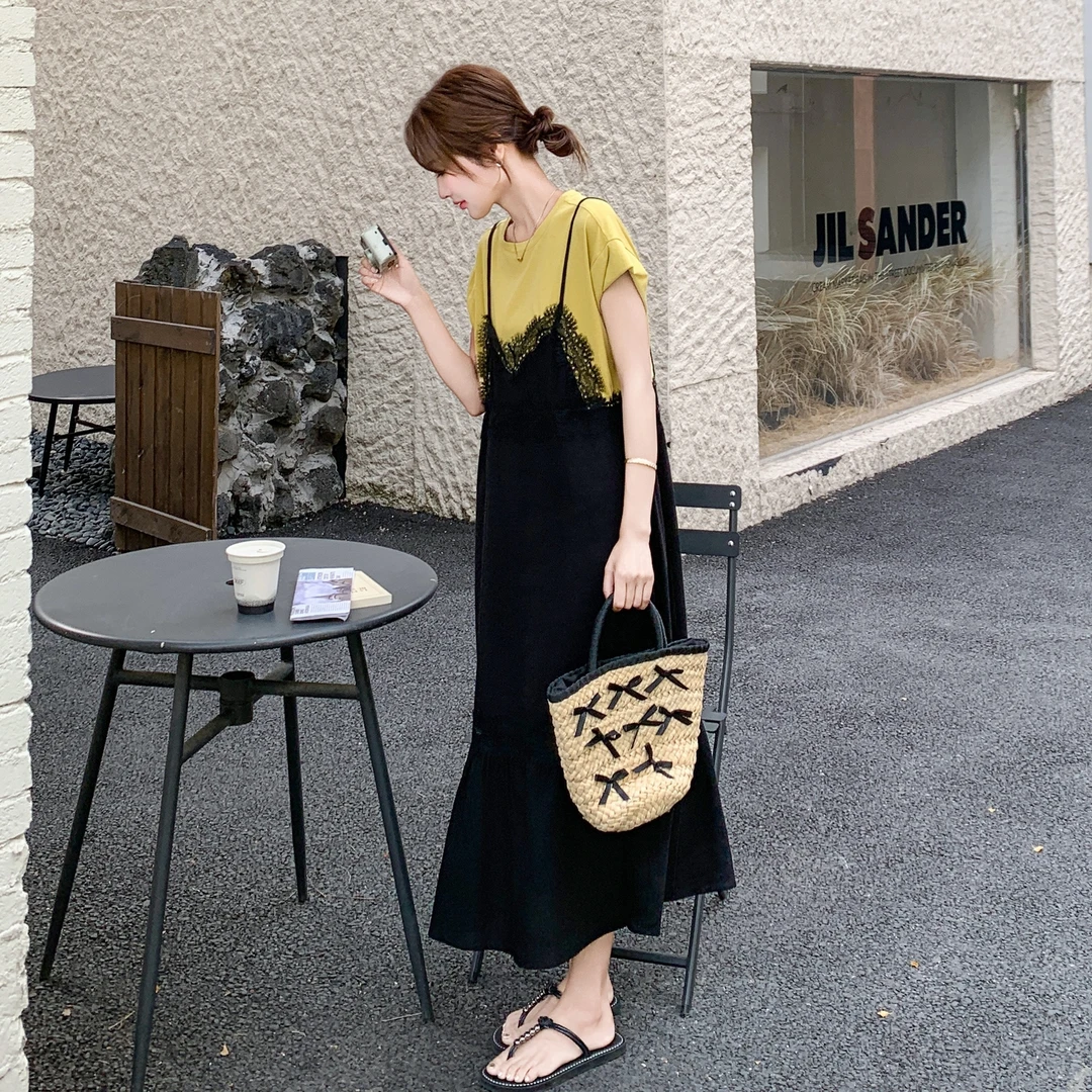 设计感假两件蕾丝拼接T恤连衣裙女夏季流行宽松显瘦气质鱼尾长裙