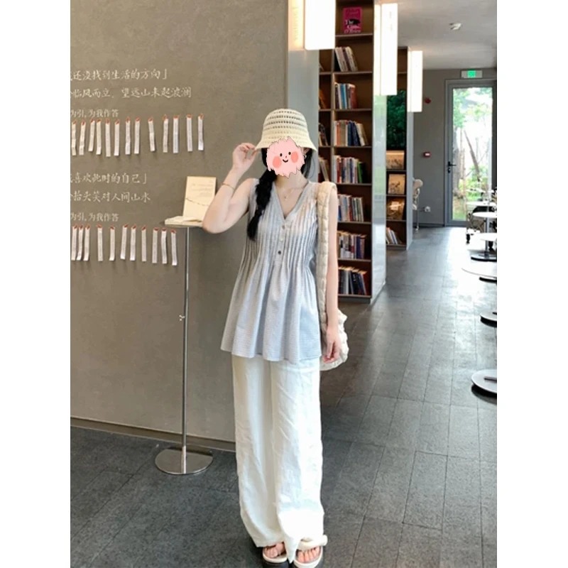 【海盐夏日】2025夏季新款韩系甜美减龄蓝色格子无袖V领背心上衣女
