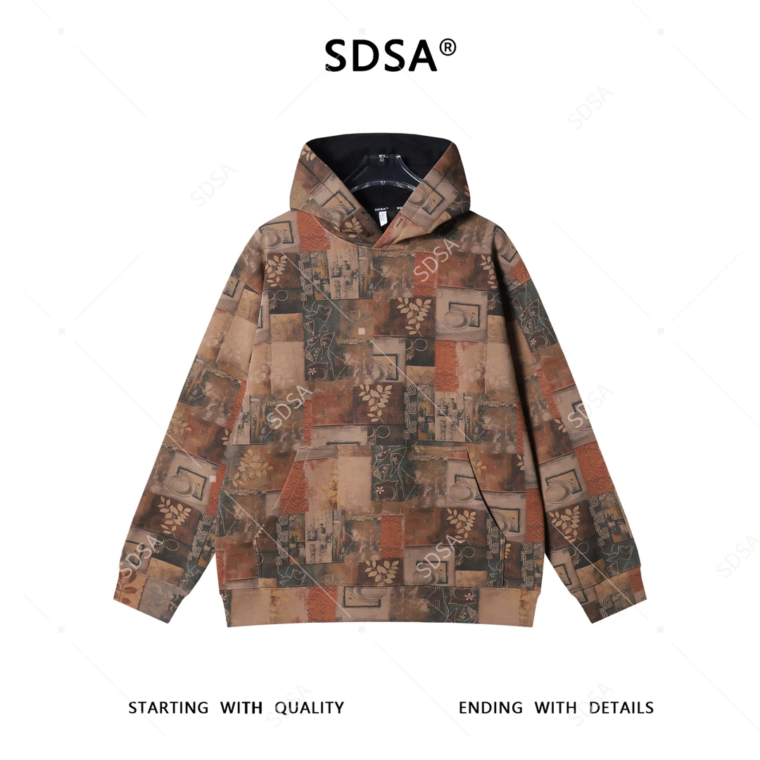 SDSA秋冬新款痞帅男装时尚潮流植物花卉复古套头连帽卫衣时尚上衣