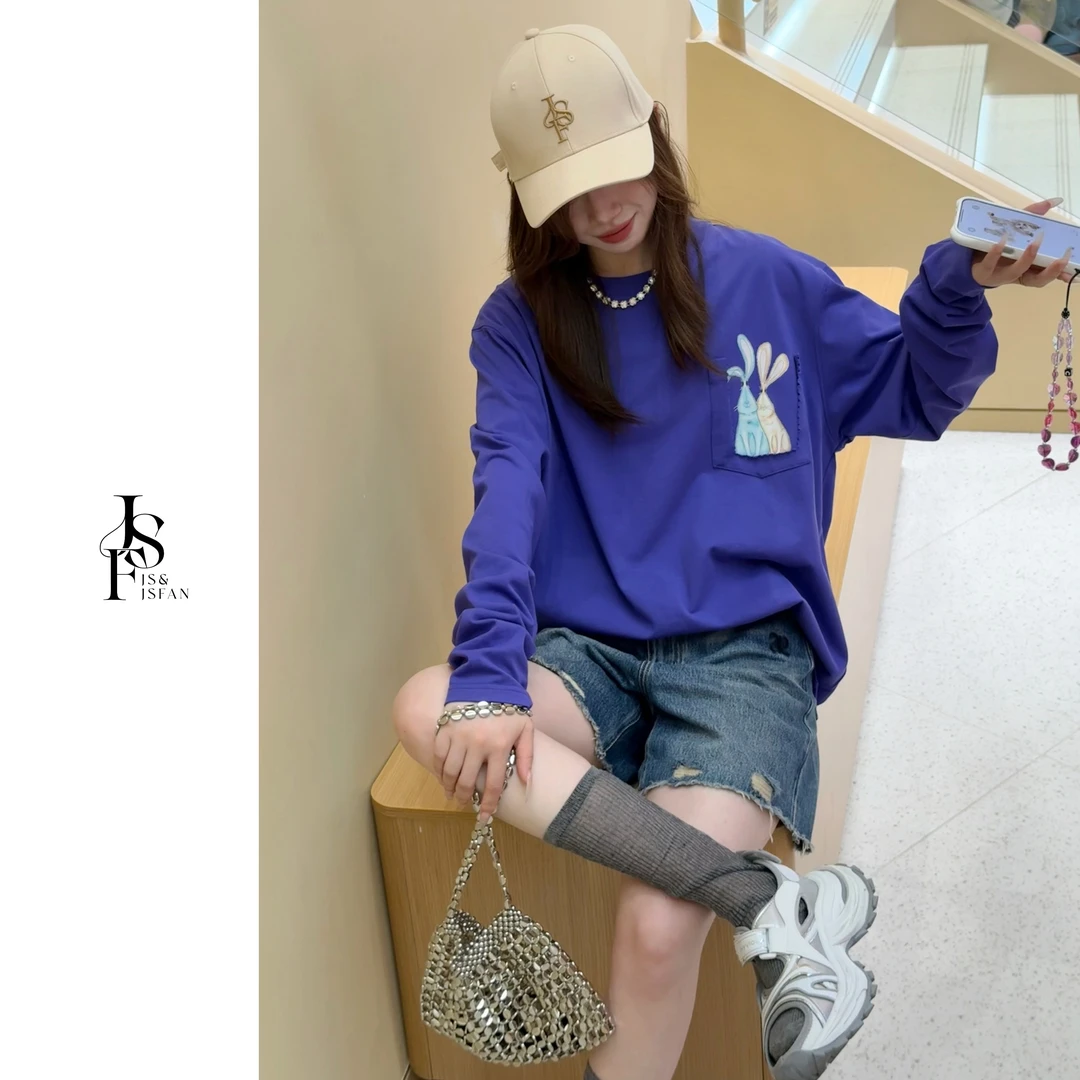 JS&JSFAN早秋潮流印花减龄宽松中长款遮臀长袖百搭ins打底衫时尚