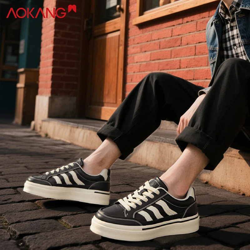 Aokang/奥康官方正品男鞋冬季男士休闲板鞋厚底增高鞋三条杠鞋子