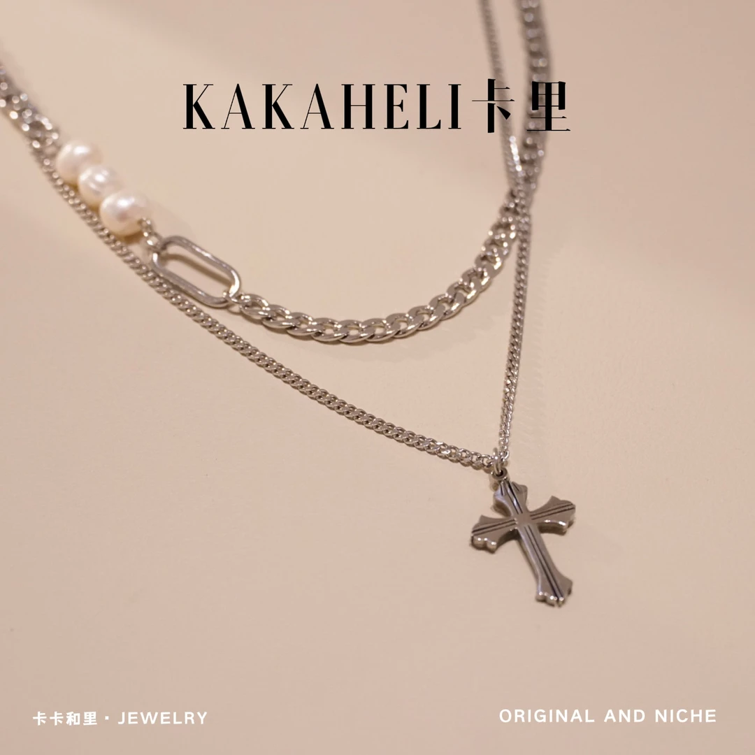 钛钢项链 天生主角十字架双层坠链 A1180