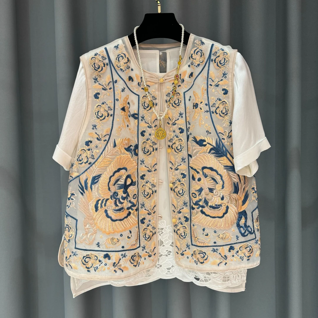 2025新款桑蚕丝马甲绣花复古中式中国风提花马甲